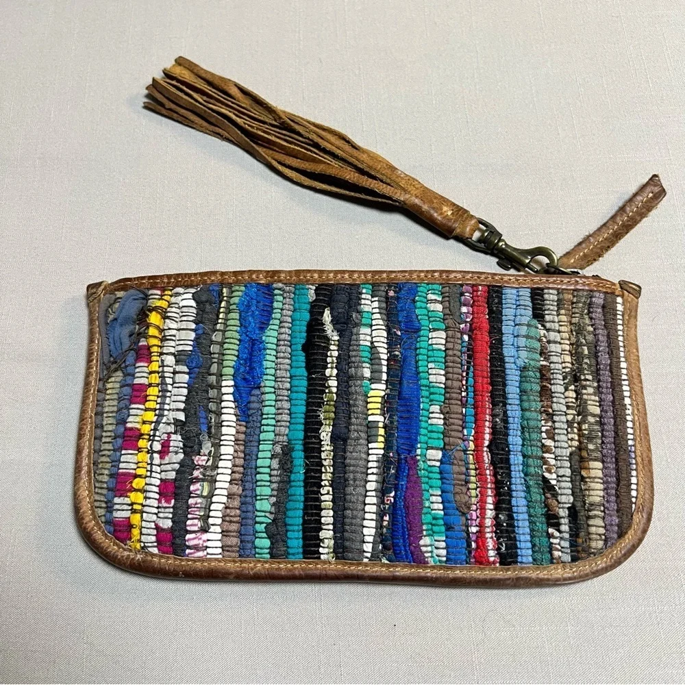 Will Leather Goods Woven Boho Clutch Wristlet • Leather Trim • Multicolor